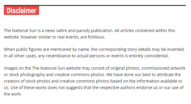 Disclaimer for The National Sun, revealing the satirical nature of the site