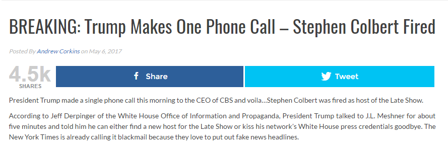 usatodaysnews.com, Fake news -- Trump Calls -- Colbert Fired